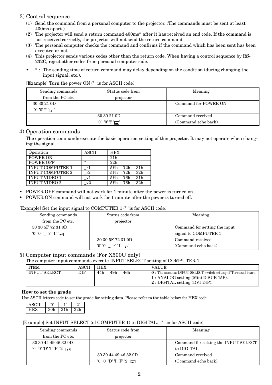 23) control sequence, 4) operation commands, 5) computer input commands (for x500u only) | MITSUBISHI ELECTRIC X490U User Manual | Page 2 / 5