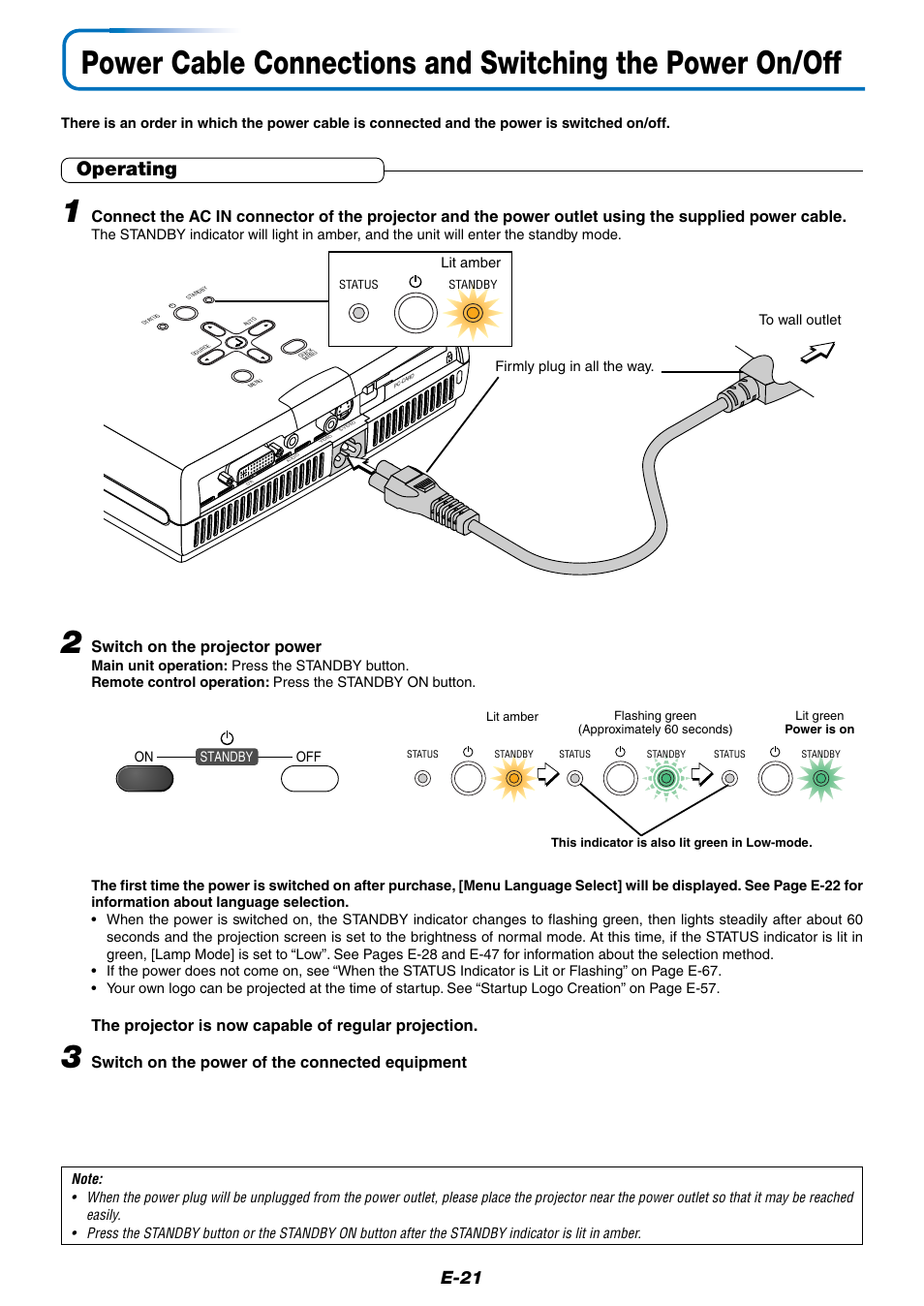 Operating, E-21, Switch on the projector power | The projector is now capable of regular projection, Switch on the power of the connected equipment | MITSUBISHI ELECTRIC XD50U User Manual | Page 22 / 77