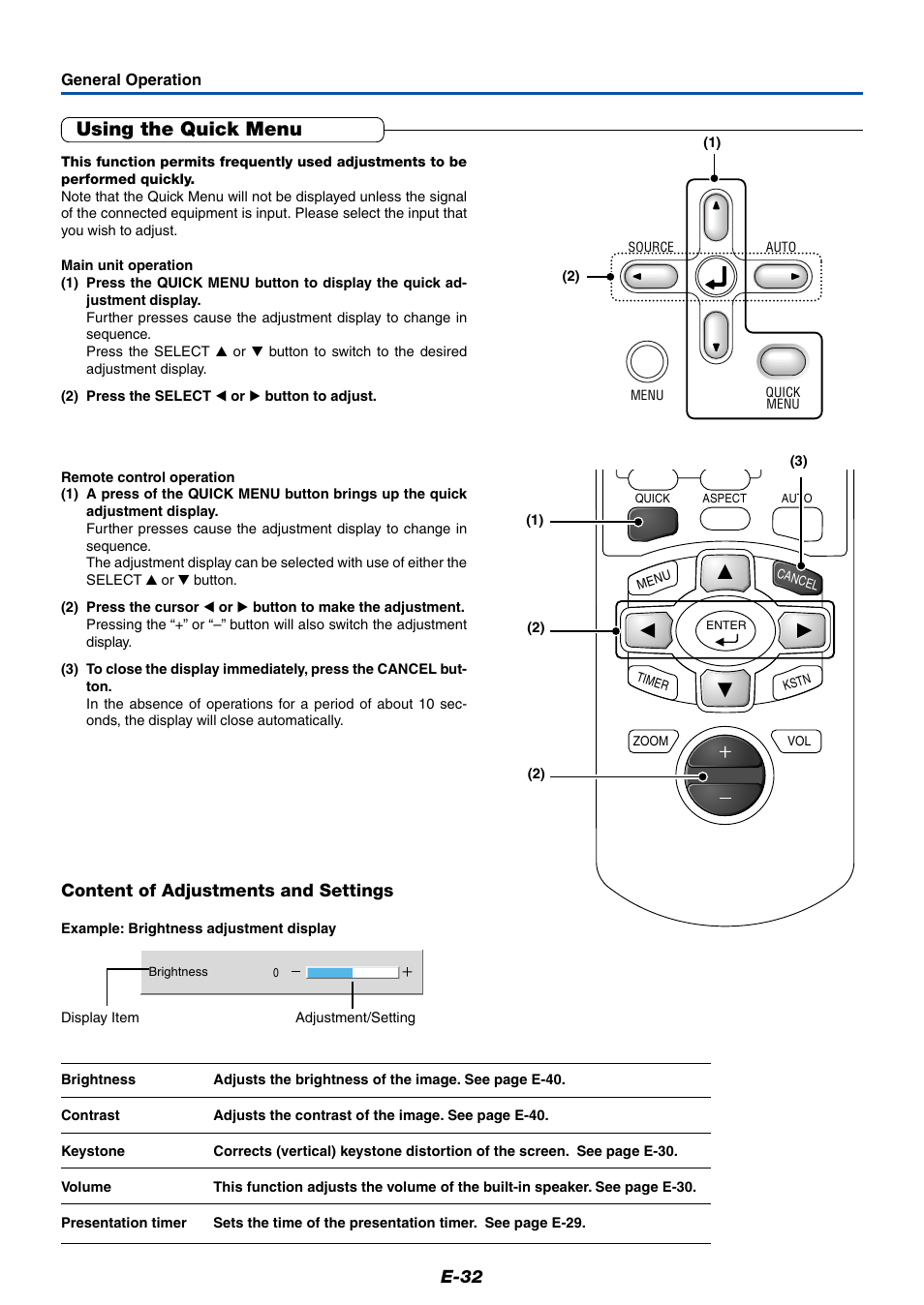 Using the quick menu, E-32, Content of adjustments and settings | MITSUBISHI ELECTRIC XD50U User Manual | Page 33 / 77