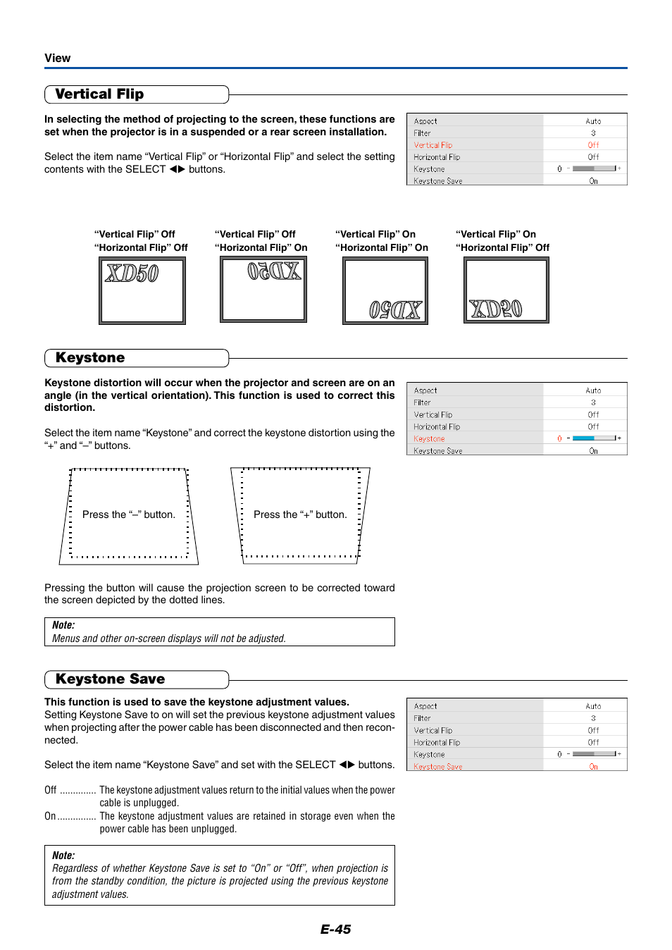 Vertical flip, Keystone, Keystone save | MITSUBISHI ELECTRIC XD50U User Manual | Page 46 / 77