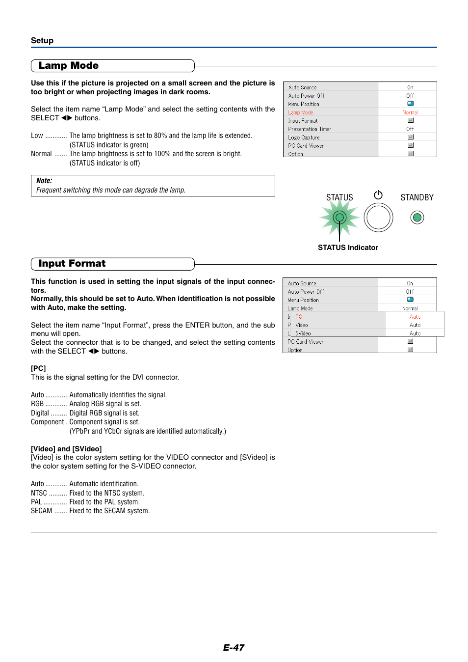 Lamp mode, Input format | MITSUBISHI ELECTRIC XD50U User Manual | Page 48 / 77