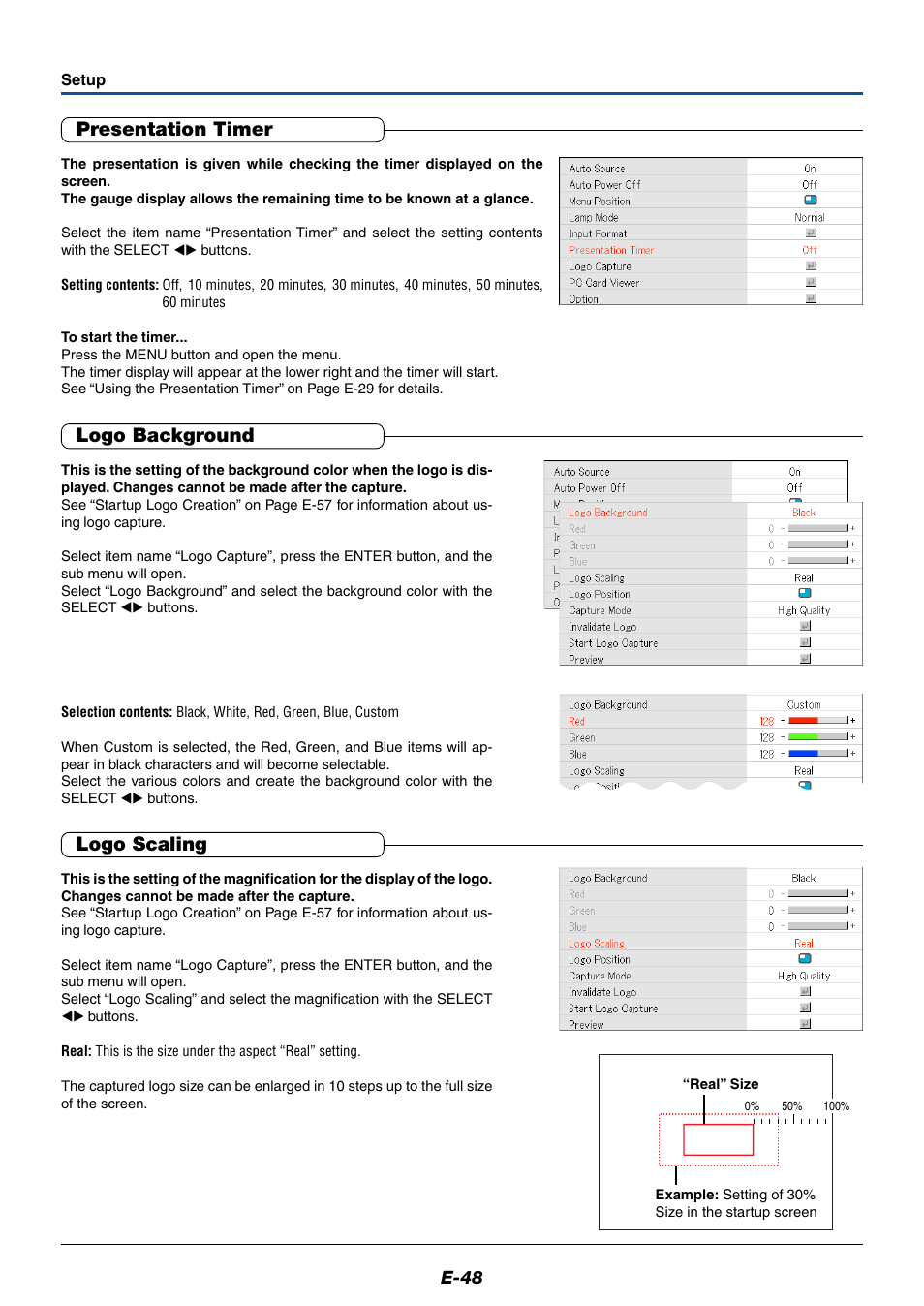 Presentation timer, Logo background, Logo scaling | MITSUBISHI ELECTRIC XD50U User Manual | Page 49 / 77