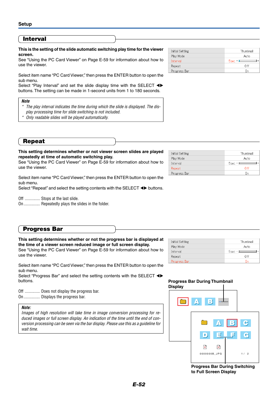 Interval, Repeat, Progress bar | MITSUBISHI ELECTRIC XD50U User Manual | Page 53 / 77