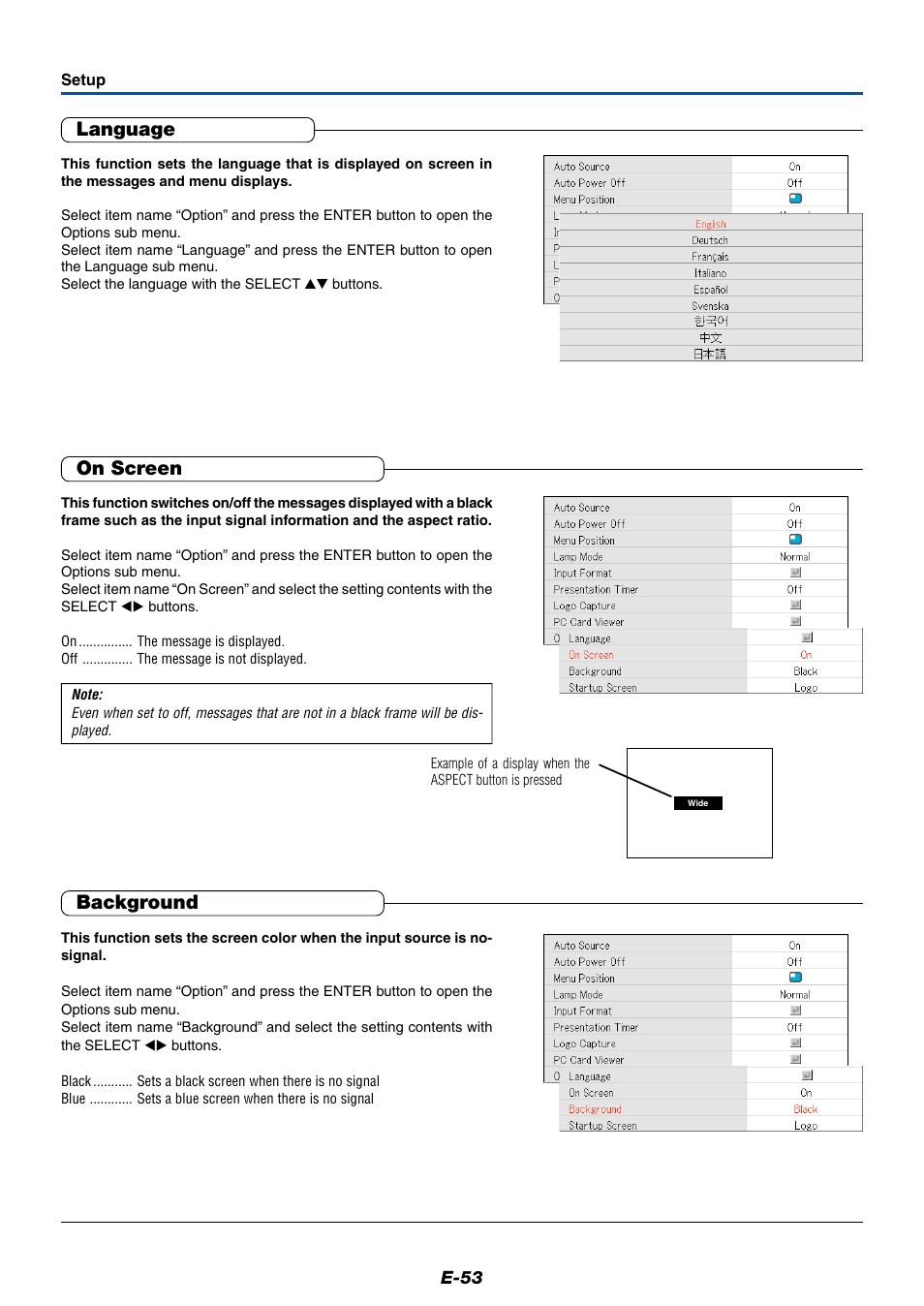 Language, On screen, Background | MITSUBISHI ELECTRIC XD50U User Manual | Page 54 / 77