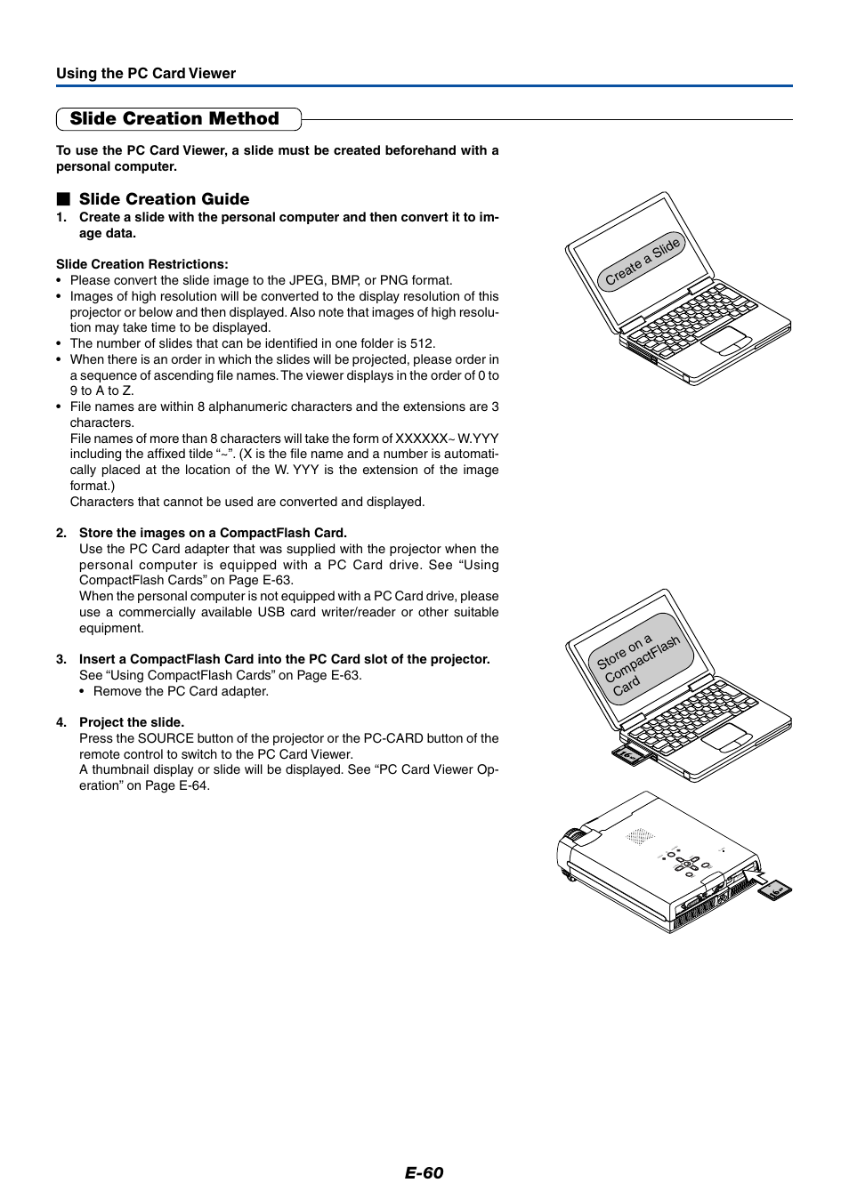 Slide creation method, E-60, Slide creation guide | Using the pc card viewer, Create a slide store on a compactflash card | MITSUBISHI ELECTRIC XD50U User Manual | Page 61 / 77