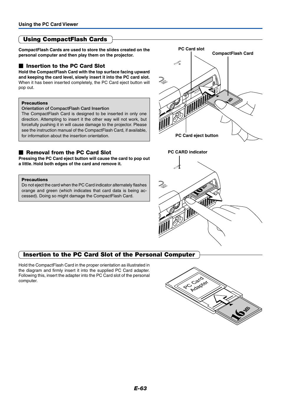 Using compactflash cards, E-63, Insertion to the pc card slot | Pc card adapter, Removal from the pc card slot, Using the pc card viewer | MITSUBISHI ELECTRIC XD50U User Manual | Page 64 / 77
