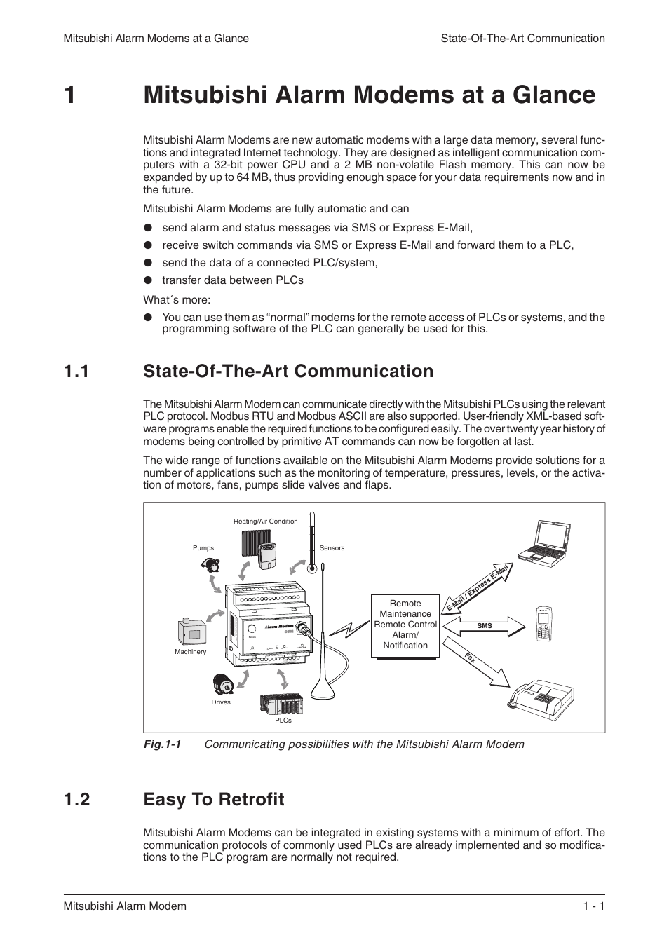 1 mitsubishi alarm modems at a glance, 1 state-of-the-art communication 1-1, 2 easy to retrofit 1-1 | 1mitsubishi alarm modems at a glance, 1 state-of-the-art communication, 2 easy to retrofit | MITSUBISHI ELECTRIC MITSUBISHI MAM MAM-AM24 User Manual | Page 11 / 48