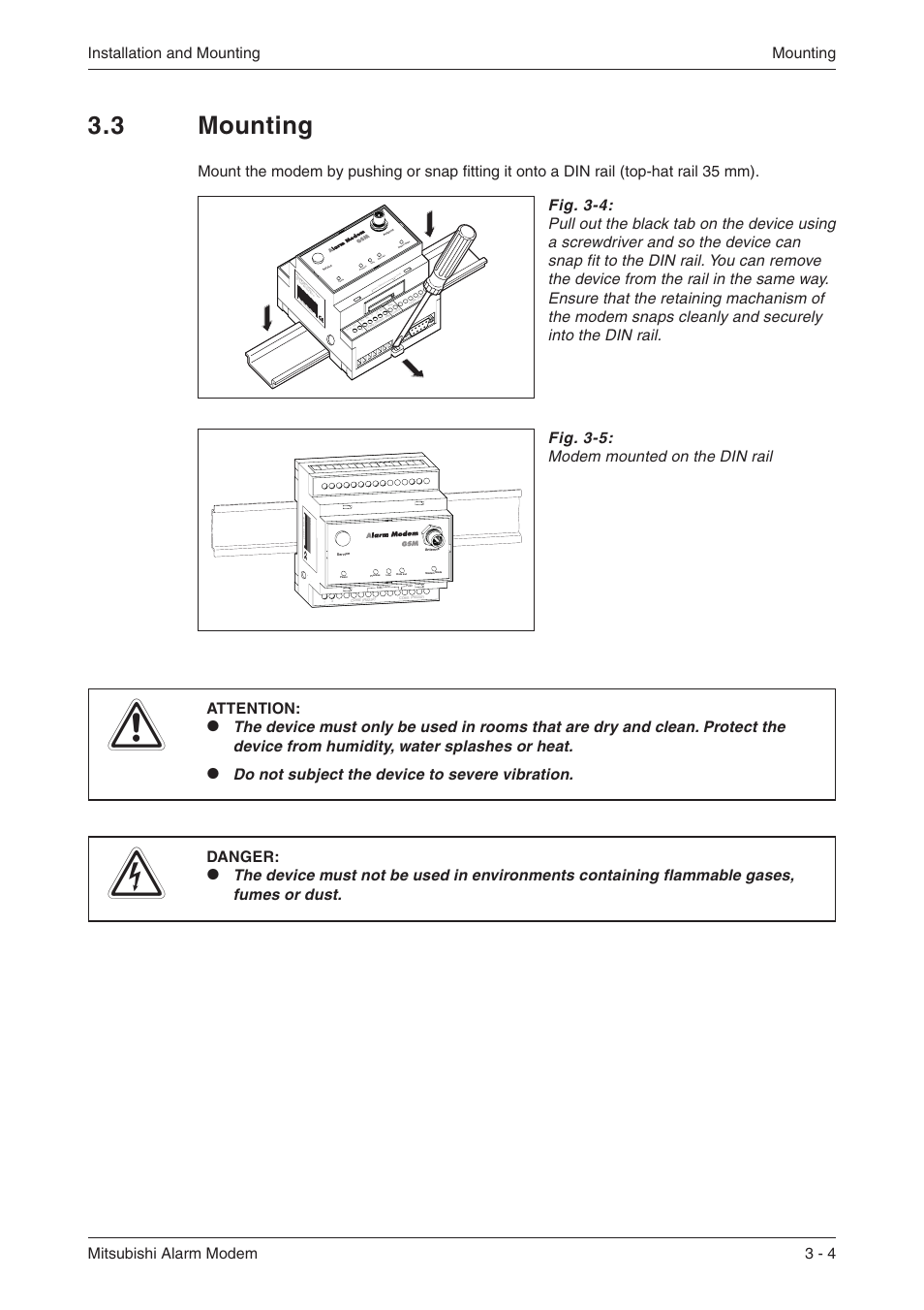 3 mounting 3-4, Antenna cable 3-4, Gsm antenna 3-4 | 3 mounting, Attention | MITSUBISHI ELECTRIC MITSUBISHI MAM MAM-AM24 User Manual | Page 17 / 48