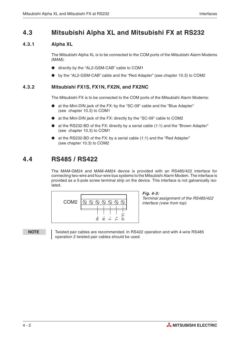 1 alpha xl 4-2, 2 mitsubishi fx1s, fx1n, fx2n, and fx2nc 4-2, 4 rs485 / rs422 4-2 | 3 mitsubishi alpha xl and mitsubishi fx at rs232 | MITSUBISHI ELECTRIC MITSUBISHI MAM MAM-AM24 User Manual | Page 22 / 48