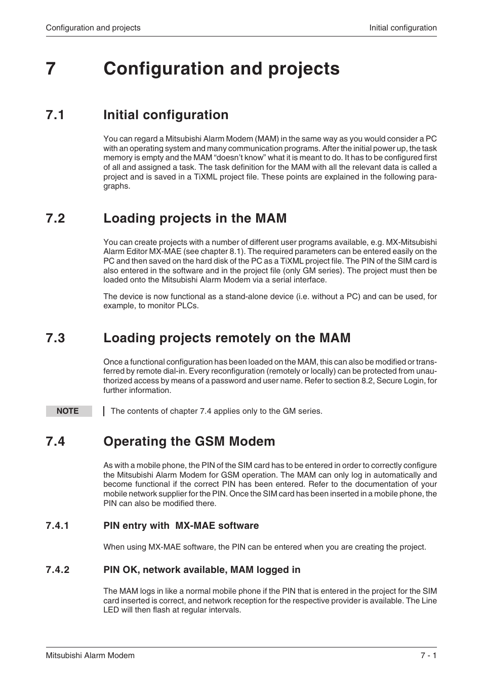 7 configuration and projects, 1 initial configuration 7-1, 2 loading projects in the mam 7-1 | 3 loading projects remotely on the mam 7-1, 4 operating the gsm modem 7-1, 1 pin entry with mx-mae software 7-1, 2 pin ok, network available, mam logged in 7-1, At commands 7-3, At mode 7-3, Modem mode 7-3 | MITSUBISHI ELECTRIC MITSUBISHI MAM MAM-AM24 User Manual | Page 29 / 48