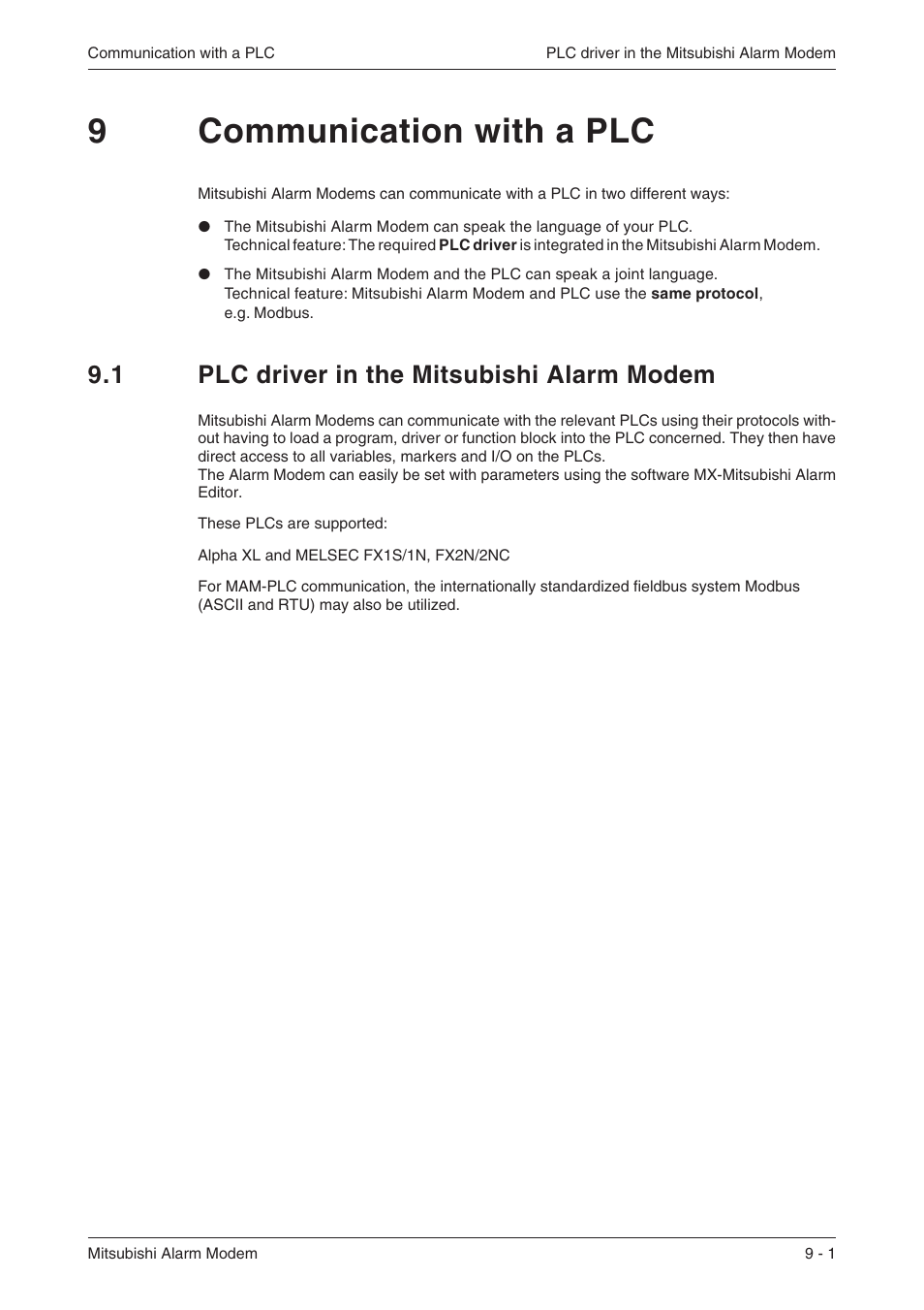 9 communication with a plc, 1 plc driver in the mitsubishi alarm modem 9-1, 9communication with a plc | 1 plc driver in the mitsubishi alarm modem | MITSUBISHI ELECTRIC MITSUBISHI MAM MAM-AM24 User Manual | Page 35 / 48