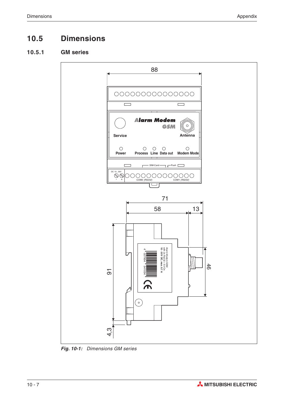 5 dimensions 10-7, 1 gm series 10-7, 5 dimensions | 1 gm series, Dimensions appendix 10 - 7 mitsubishi electric, Fig. 10-1: dimensions gm series | MITSUBISHI ELECTRIC MITSUBISHI MAM MAM-AM24 User Manual | Page 42 / 48