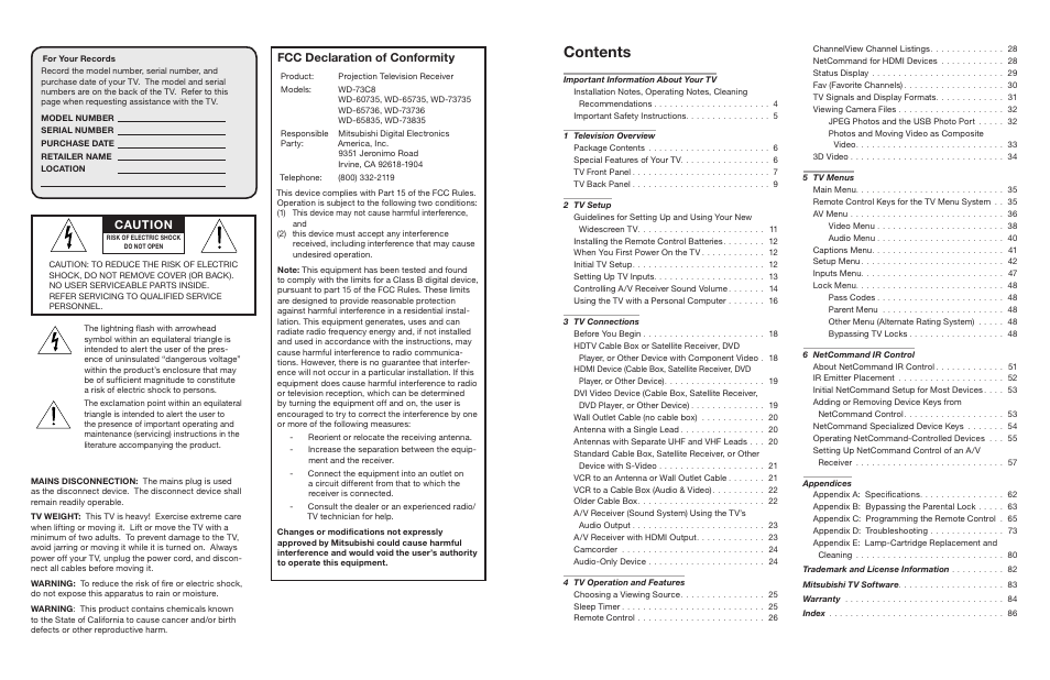 MITSUBISHI ELECTRIC WD-65735 User Manual | Page 2 / 45