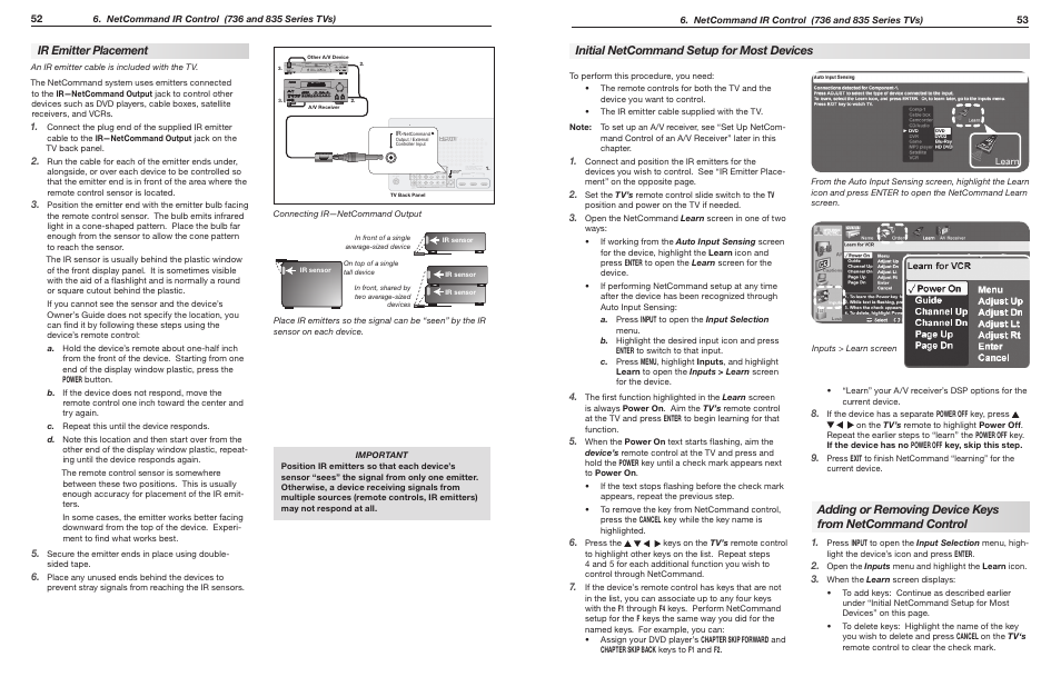 Ir emitter placement, Initial netcommand setup for most devices, 3tfotps | Prevent stray signals from reaching the ir sensors, Press, Inputs menu and highlight the learn icon. when the | MITSUBISHI ELECTRIC WD-65735 User Manual | Page 27 / 45