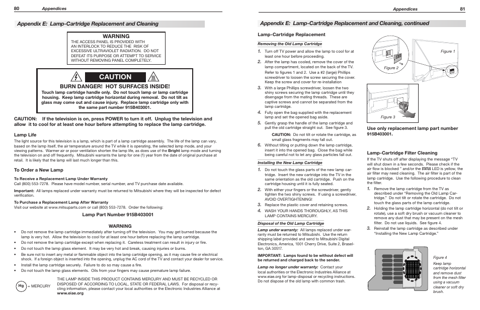 Caution, Burn danger! hot surfaces inside, Warning | MITSUBISHI ELECTRIC WD-65735 User Manual | Page 41 / 45