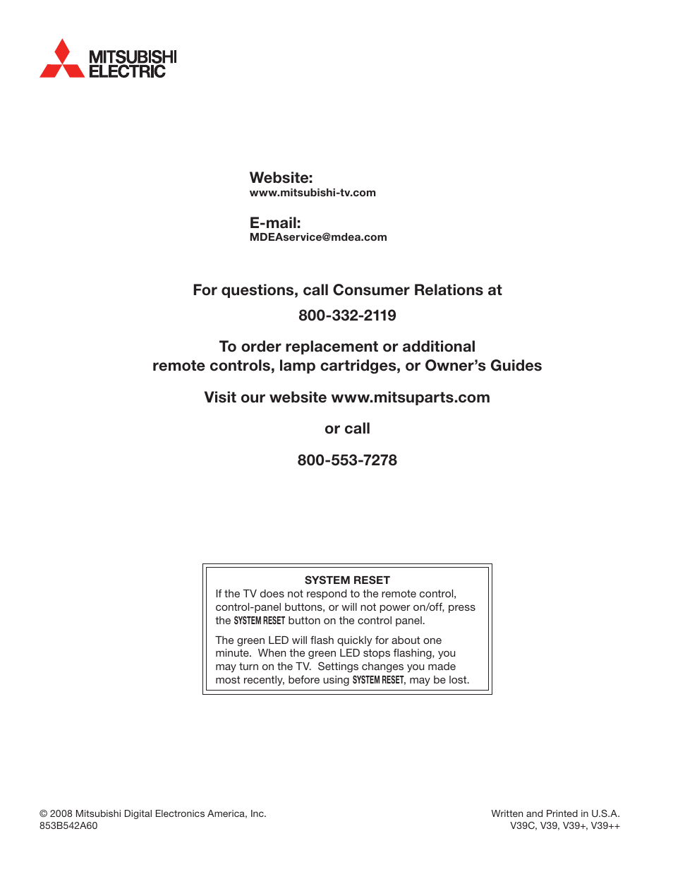 Website, E-mail | MITSUBISHI ELECTRIC WD-65735 User Manual | Page 45 / 45