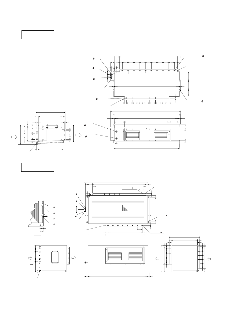 Pe(h)-10, Pe(h)-15, Holes:26- 3.1 air inlet duct flange | Drain:rc 1, Control box holes:22- 3.1 air outlet duct flange, Optional parts cable entry 27, Control cable entry 27 | MITSUBISHI ELECTRIC PE-15MYC User Manual | Page 43 / 115