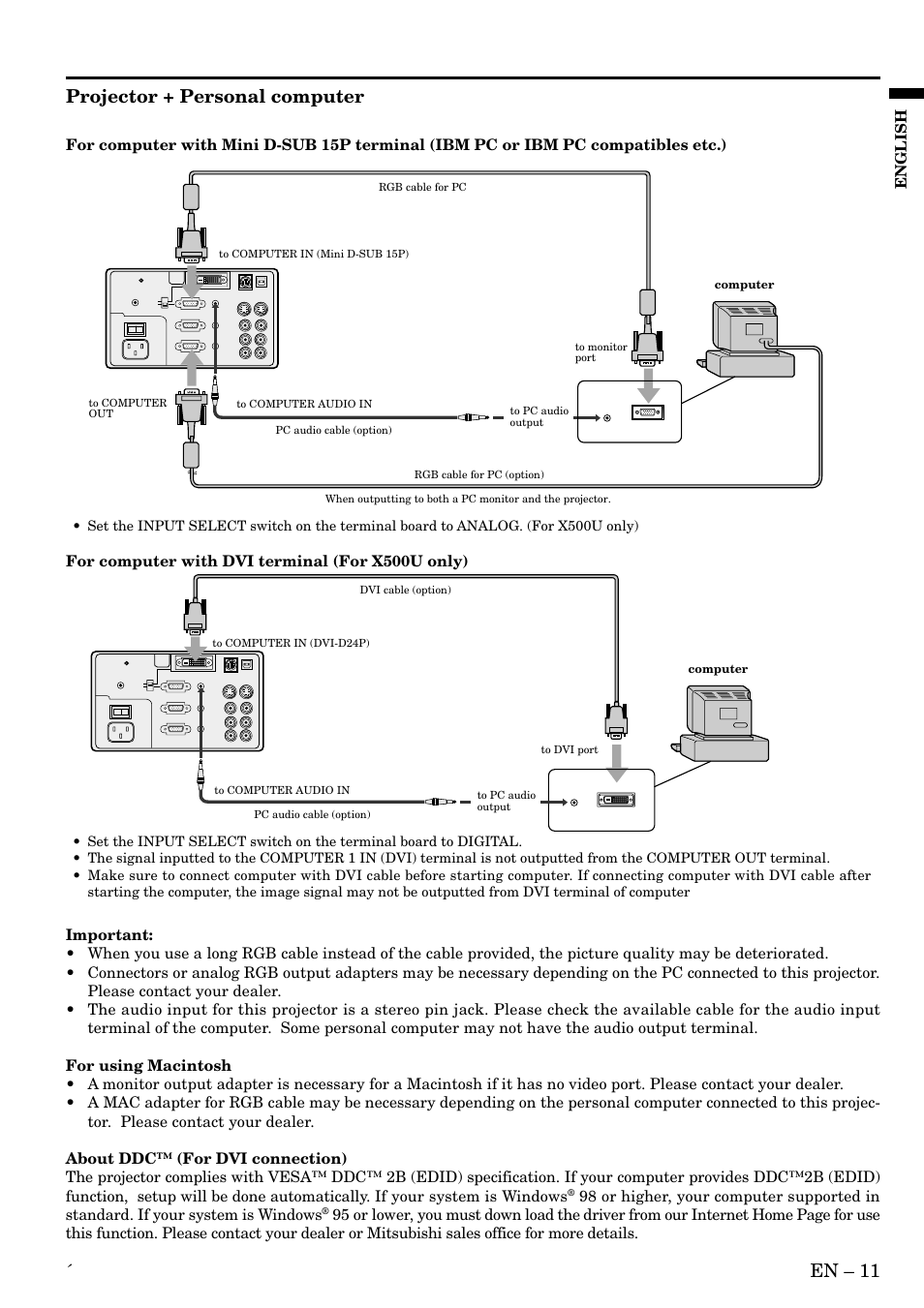 En – 11, Projector + personal computer, For computer with dvi terminal (for x500u only) | Computer | MITSUBISHI ELECTRIC X500 User Manual | Page 11 / 36
