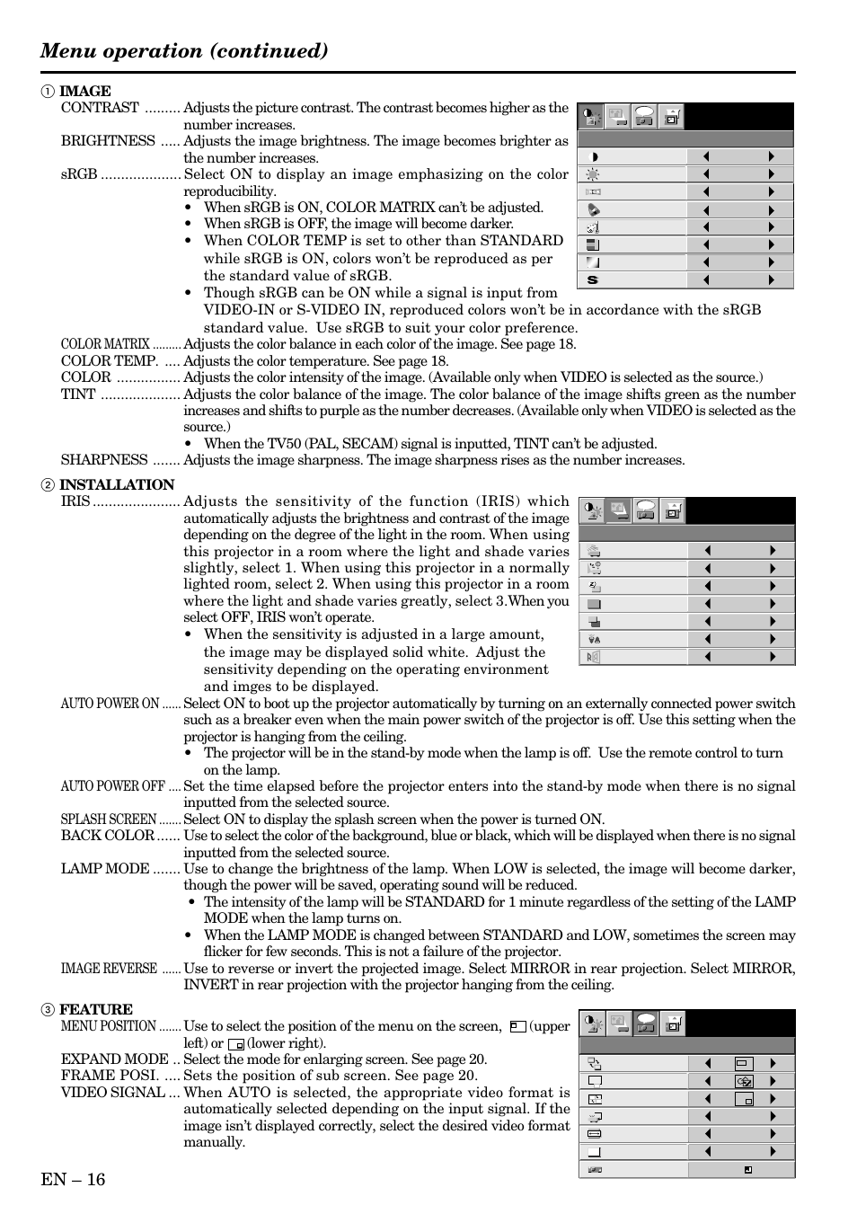 Menu operation (continued), En – 16 | MITSUBISHI ELECTRIC X500 User Manual | Page 16 / 36