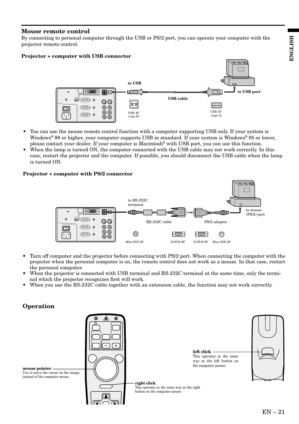 En – 21, Mouse remote control, Operation | English, Left click, Right click, Mouse pointer, Rs-232c cable | MITSUBISHI ELECTRIC X500 User Manual | Page 21 / 36