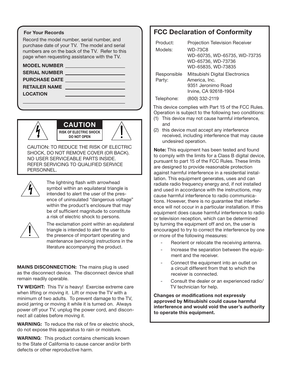 Fcc declaration of conformity, Caution | MITSUBISHI ELECTRIC WD-65736 User Manual | Page 2 / 96