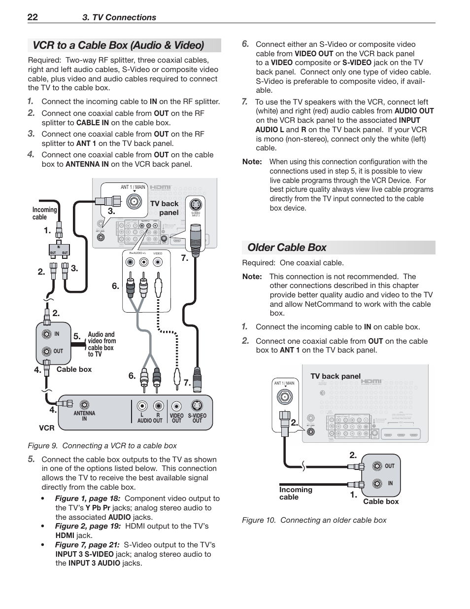 Older cable box, Vcr to a cable box (audio & video), Tv connections | Out on the cable box to ant 1 on the tv back panel, Bcmfcpy 57cbdlqbofm, 7$3 57cbdl qbofm, Ant 1 / main | MITSUBISHI ELECTRIC WD-65736 User Manual | Page 22 / 96