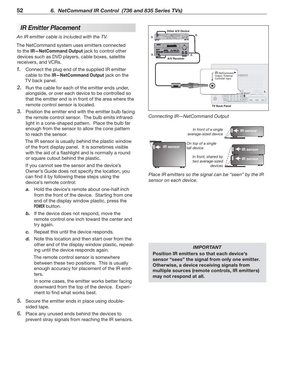 Ir emitter placement, Prevent stray signals from reaching the ir sensors, Connecting ir—netcommand output | Hdmi, Input 3 | MITSUBISHI ELECTRIC WD-65736 User Manual | Page 52 / 96