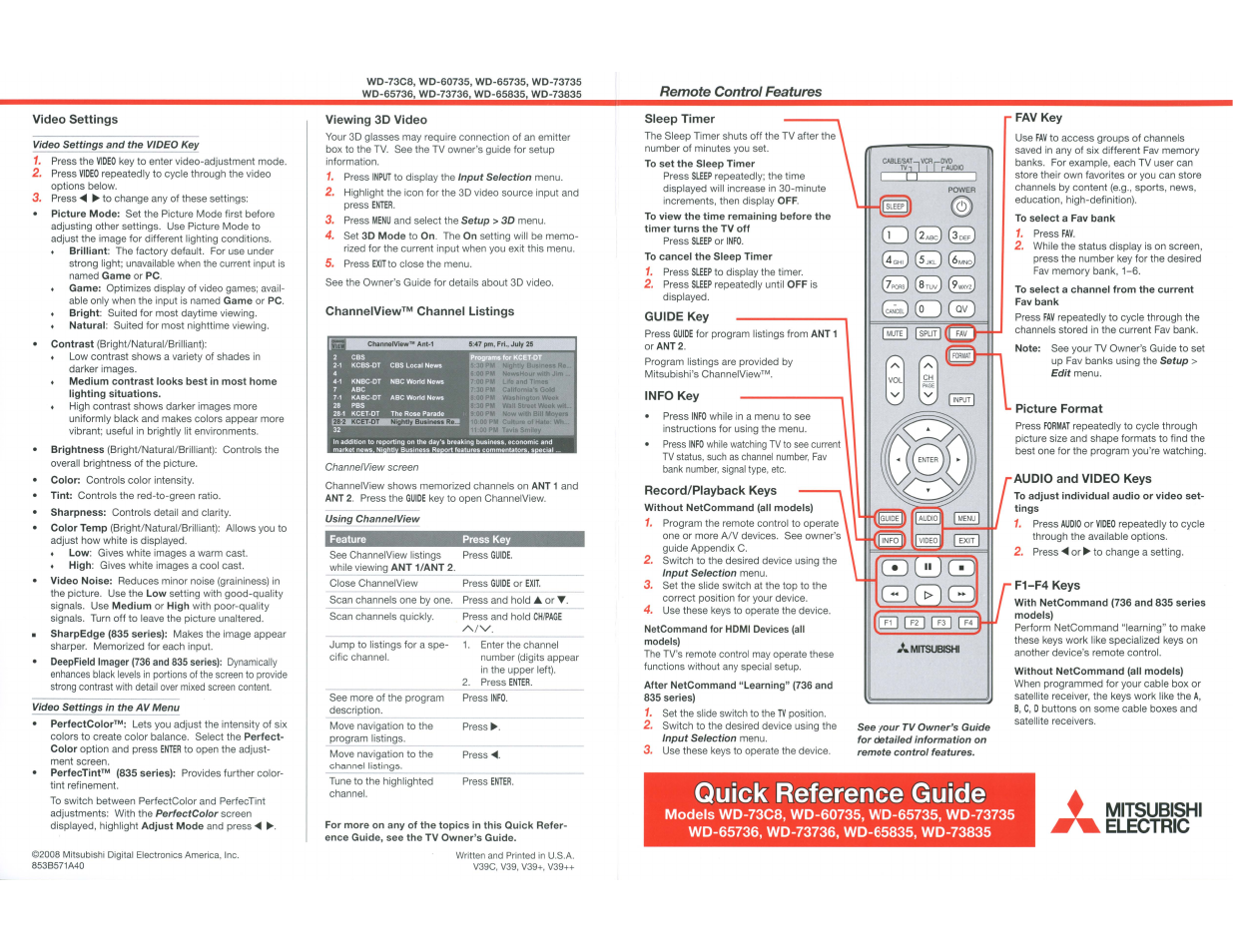 Quick reference guide | MITSUBISHI ELECTRIC WD-65736 User Manual | Page 93 / 96