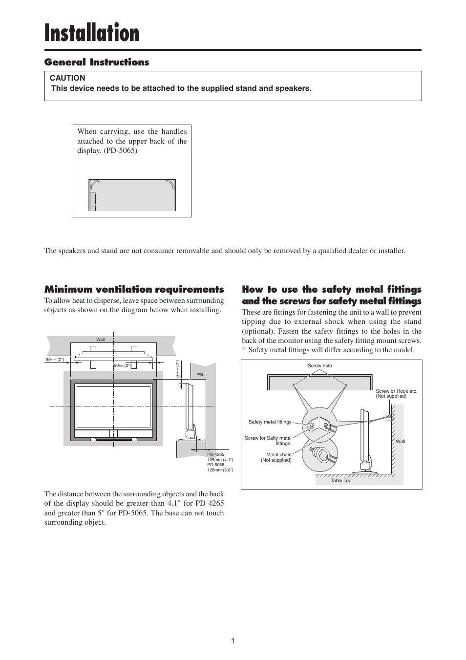 Installation, Minimum ventilation requirements, General instructions | MITSUBISHI ELECTRIC PD-4265 User Manual | Page 10 / 49