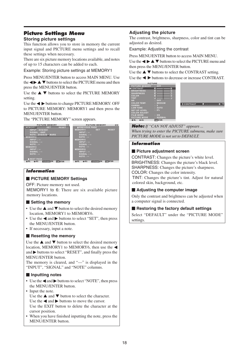 Picture settings menu, Buttons to decrease or increase contrast | MITSUBISHI ELECTRIC PD-4265 User Manual | Page 27 / 49