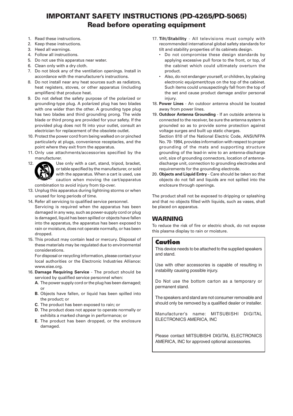 Warning, Caution | MITSUBISHI ELECTRIC PD-4265 User Manual | Page 3 / 49