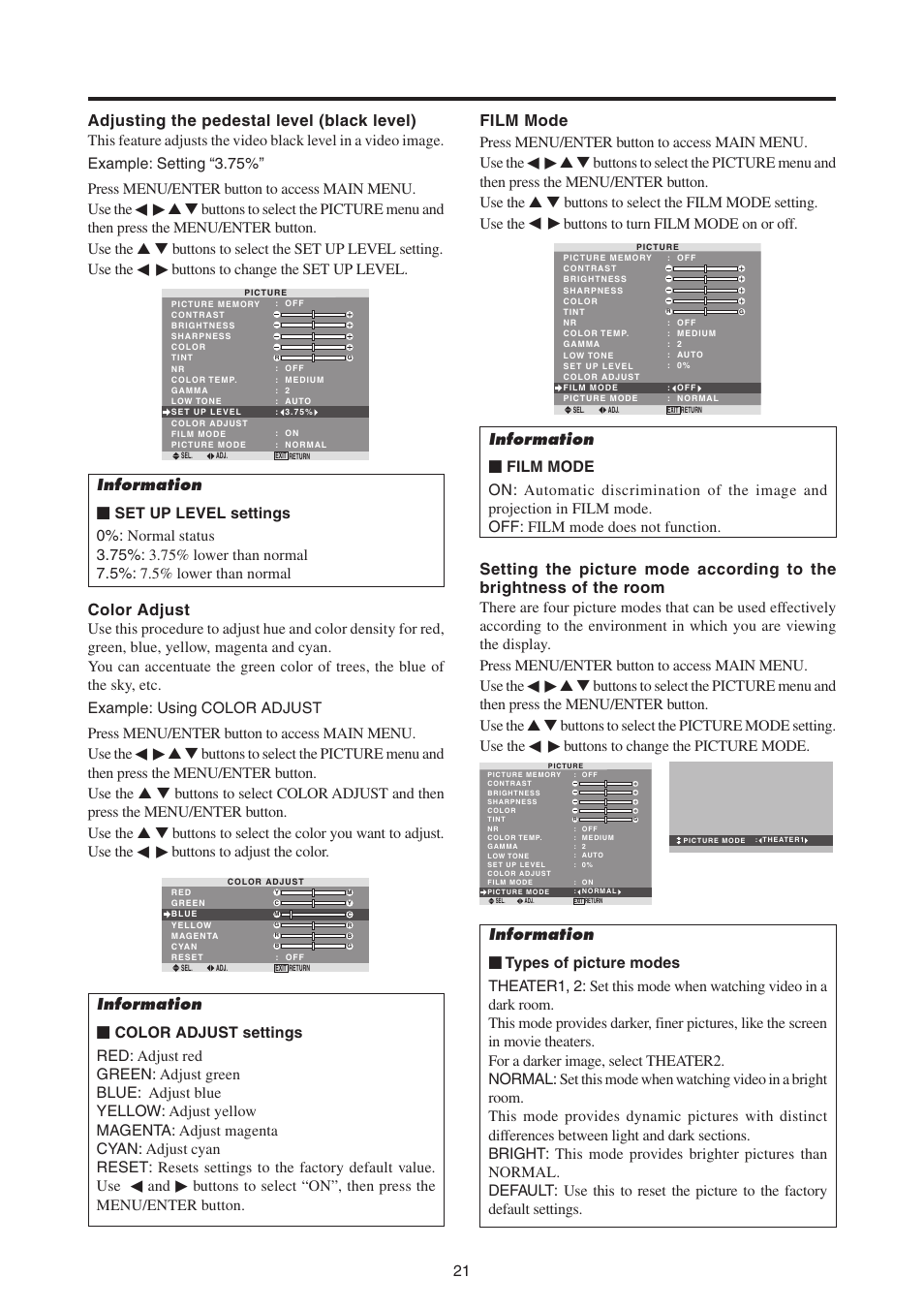 Buttons to adjust the color, Buttons to change the set up level, Buttons to turn film mode on or off | Buttons to change the picture mode | MITSUBISHI ELECTRIC PD-4265 User Manual | Page 30 / 49