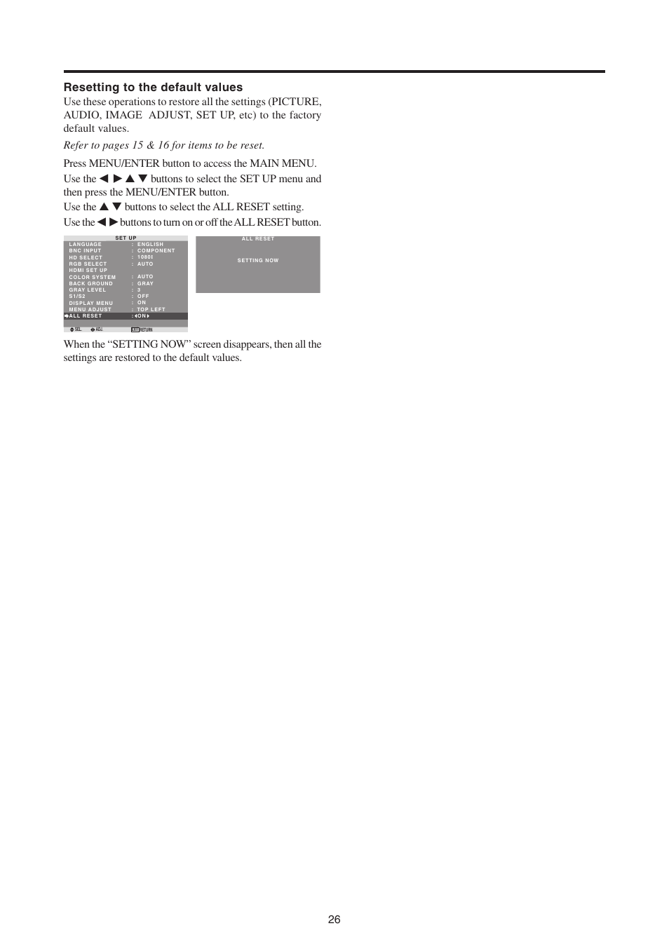 Buttons to turn on or off the all reset button | MITSUBISHI ELECTRIC PD-4265 User Manual | Page 35 / 49