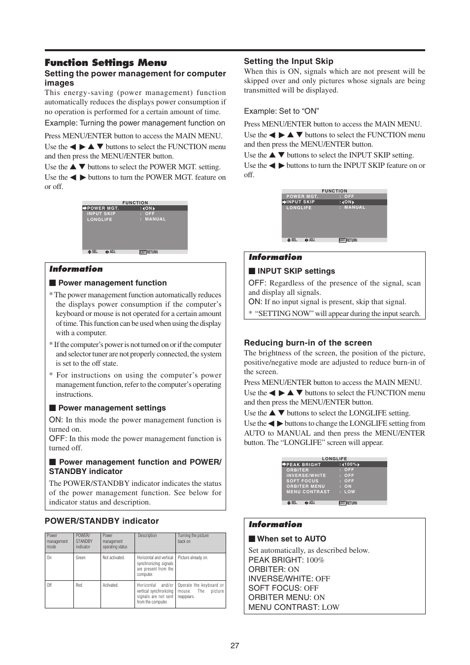 Function settings menu | MITSUBISHI ELECTRIC PD-4265 User Manual | Page 36 / 49