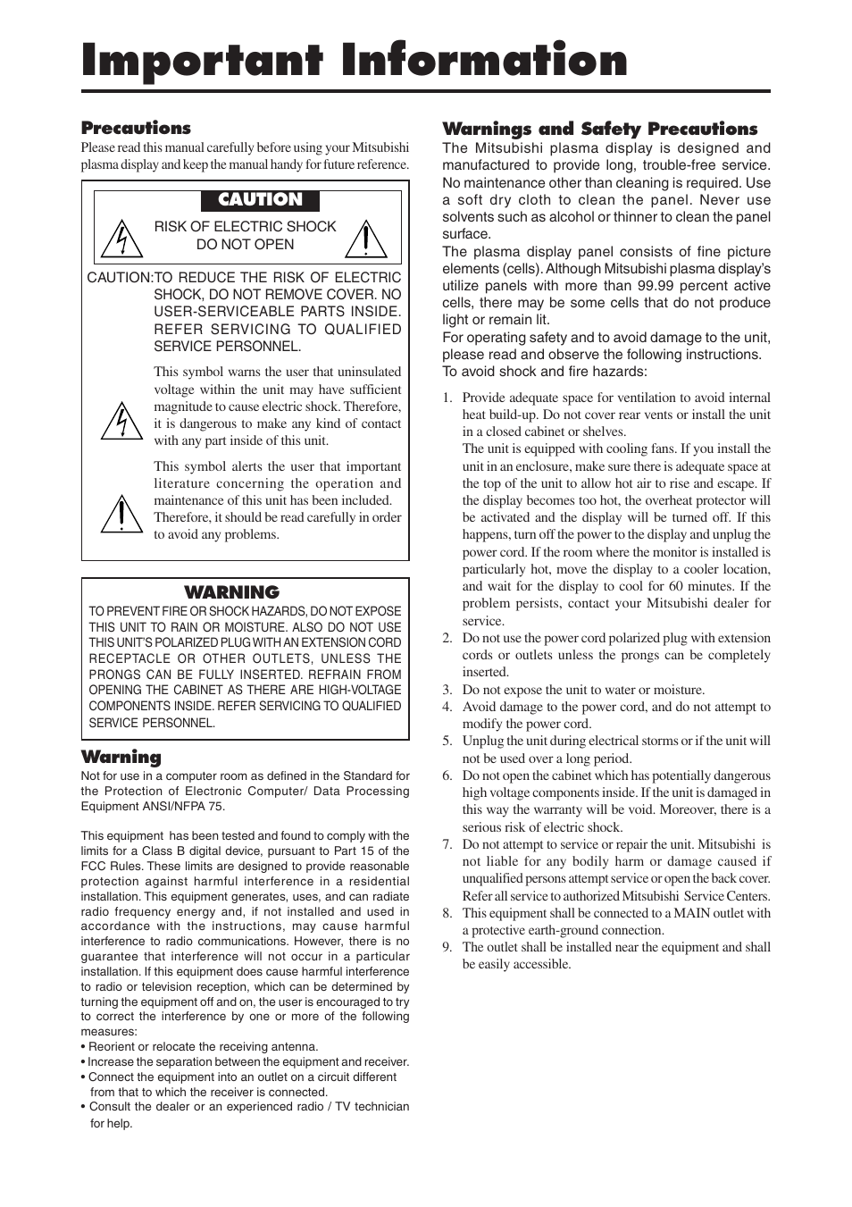 Important information | MITSUBISHI ELECTRIC PD-4265 User Manual | Page 4 / 49