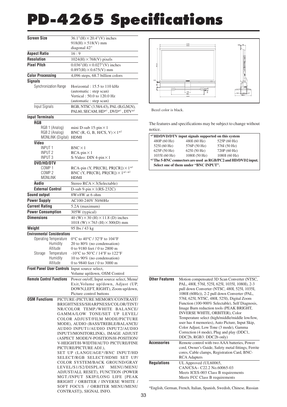 Pd-4265 specifications | MITSUBISHI ELECTRIC PD-4265 User Manual | Page 42 / 49