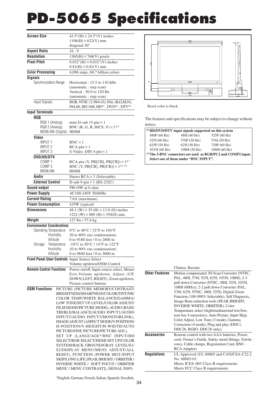 Pd-5065 specifications | MITSUBISHI ELECTRIC PD-4265 User Manual | Page 43 / 49