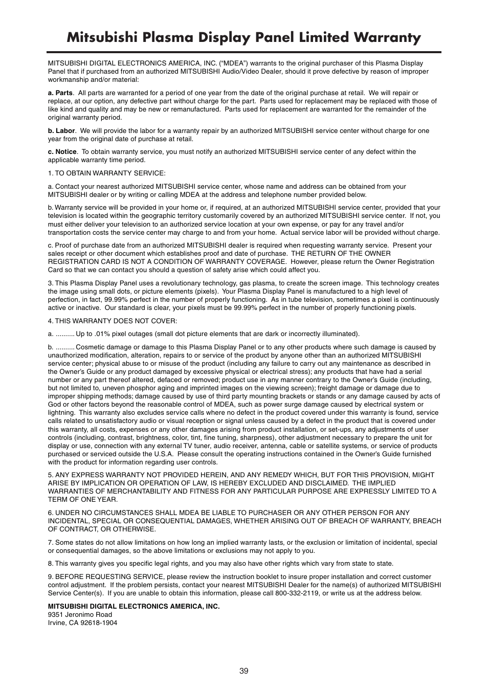 Mitsubishi plasma display panel limited warranty | MITSUBISHI ELECTRIC PD-4265 User Manual | Page 48 / 49