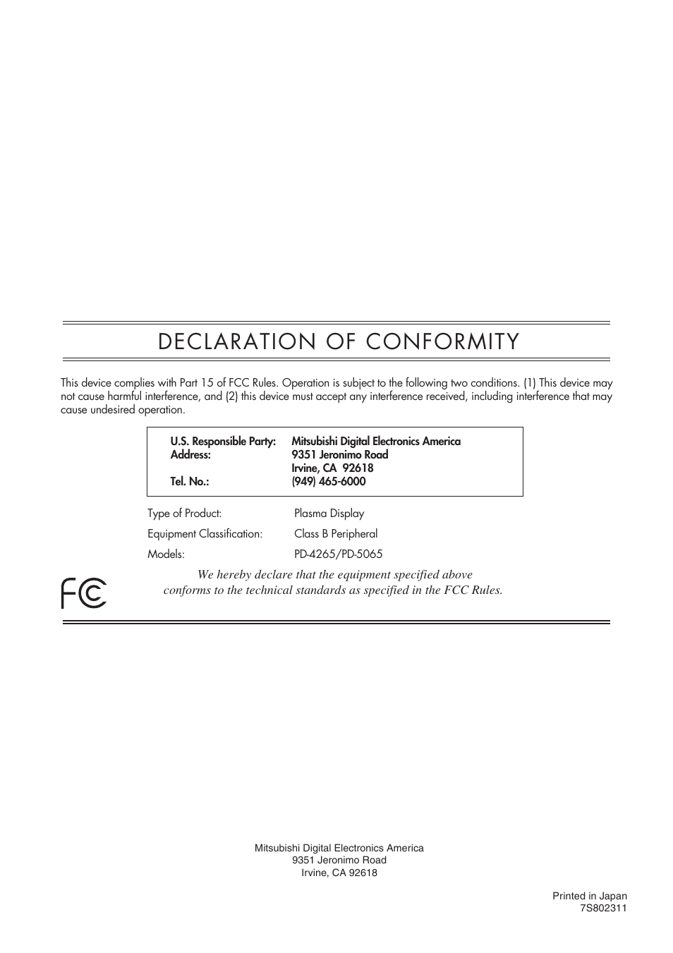 Declaration of conformity | MITSUBISHI ELECTRIC PD-4265 User Manual | Page 49 / 49