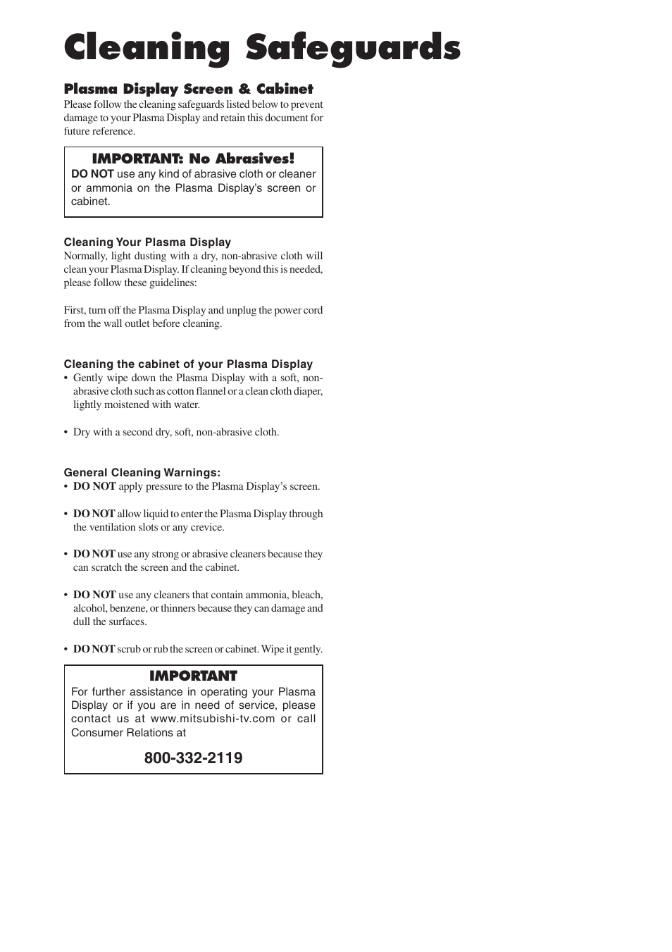 Cleaning safeguards | MITSUBISHI ELECTRIC PD-4265 User Manual | Page 7 / 49