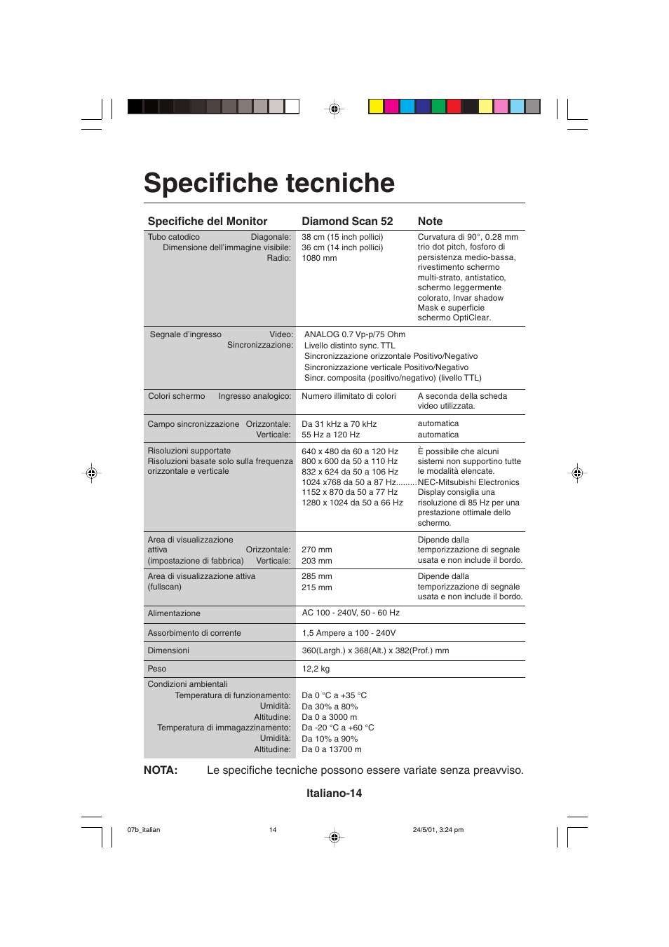 Specifiche tecniche | MITSUBISHI ELECTRIC M557 User Manual | Page 106 / 116