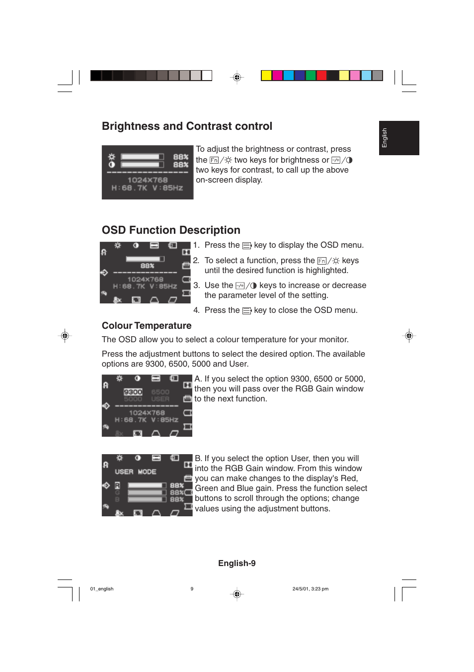 Brightness and contrast control, Osd function description | MITSUBISHI ELECTRIC M557 User Manual | Page 13 / 116