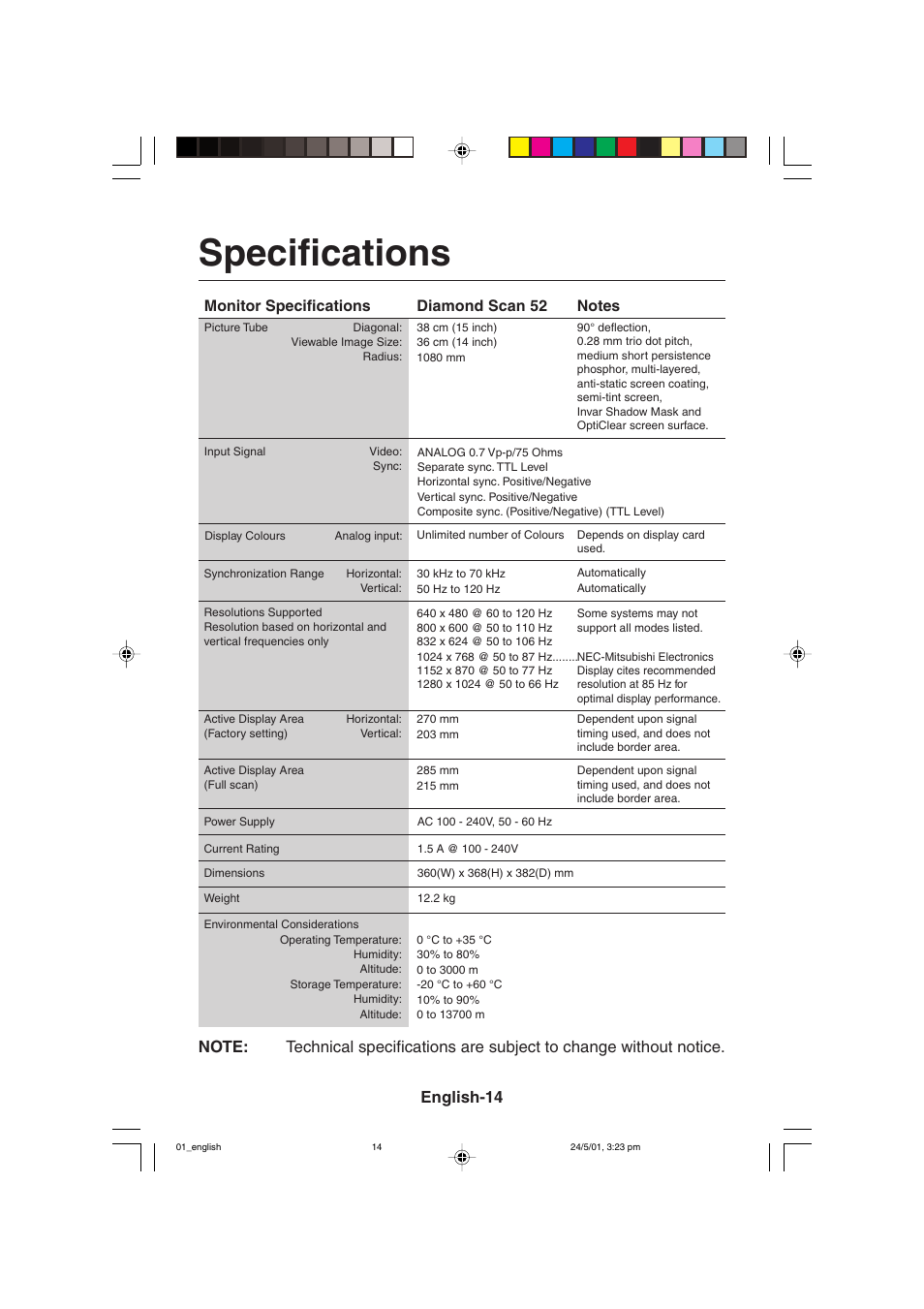 Specifications | MITSUBISHI ELECTRIC M557 User Manual | Page 18 / 116