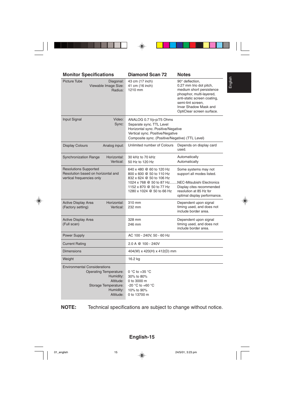 English-15, Monitor specifications, Diamond scan 72 | MITSUBISHI ELECTRIC M557 User Manual | Page 19 / 116