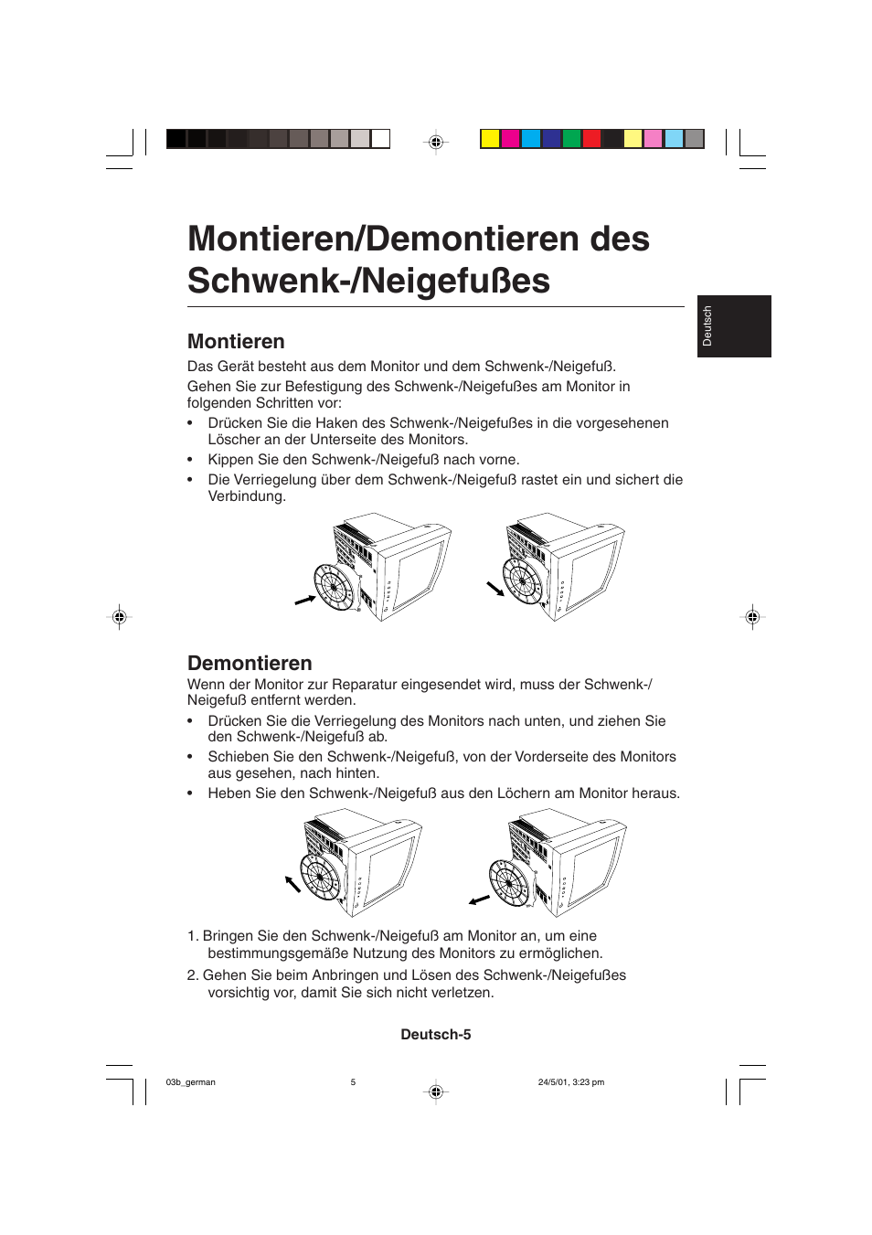 Montieren/demontieren des schwenk-/neigefußes, Montieren, Demontieren | MITSUBISHI ELECTRIC M557 User Manual | Page 31 / 116