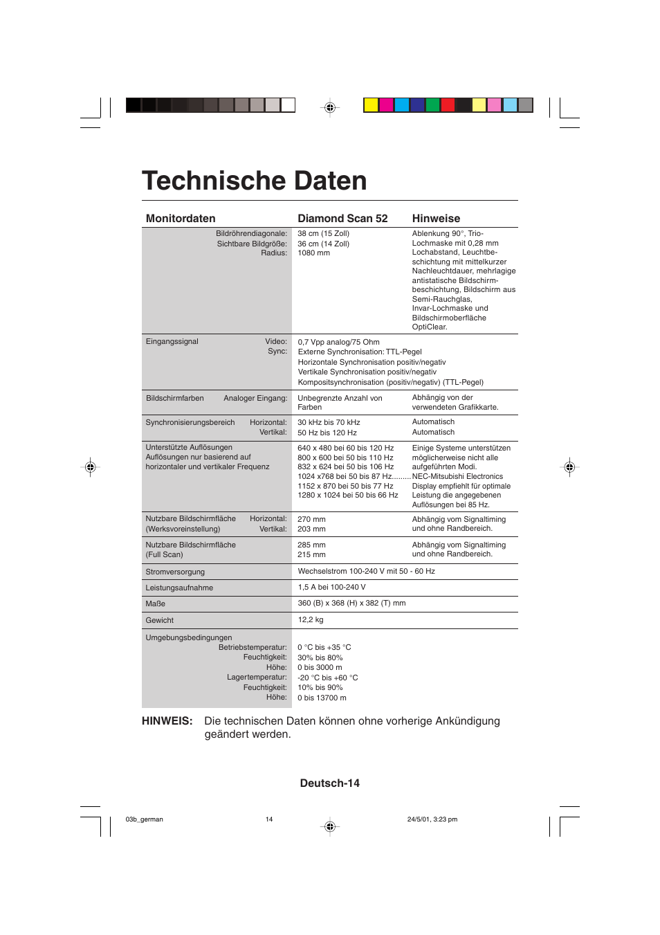 Technische daten, Deutsch-14, Monitordaten | Diamond scan 52, Hinweise | MITSUBISHI ELECTRIC M557 User Manual | Page 40 / 116