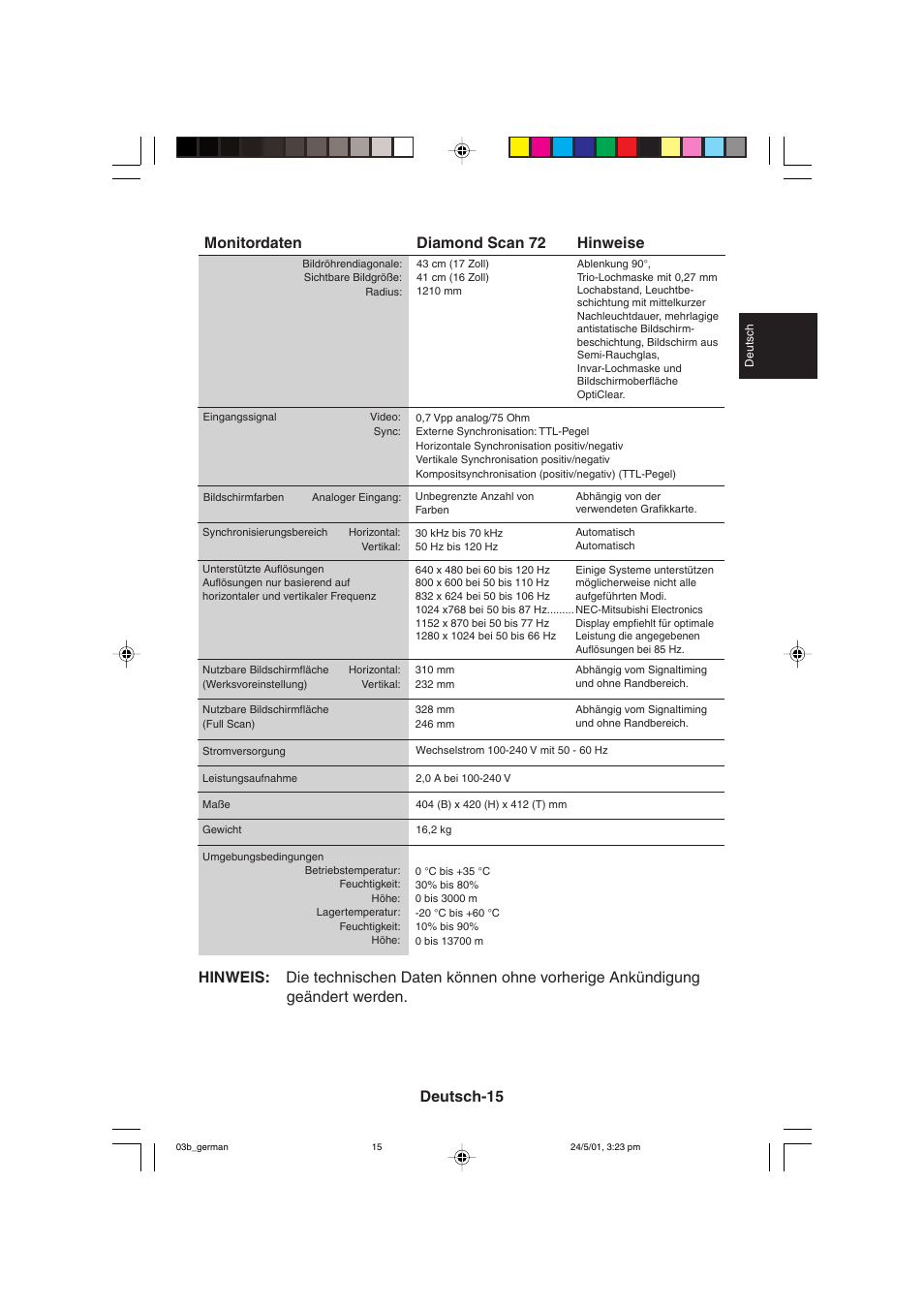 Deutsch-15, Monitordaten, Diamond scan 72 | Hinweise | MITSUBISHI ELECTRIC M557 User Manual | Page 41 / 116