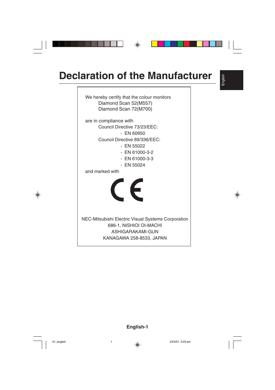 Declaration of the manufacturer | MITSUBISHI ELECTRIC M557 User Manual | Page 5 / 116