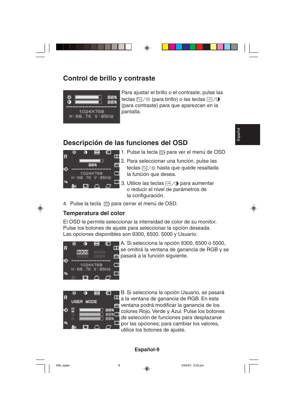 Control de brillo y contraste, Descripción de las funciones del osd, Temperatura del color | MITSUBISHI ELECTRIC M557 User Manual | Page 57 / 116