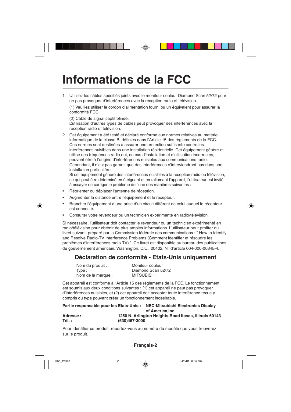 Informations de la fcc, Déclaration de conformité - etats-unis uniquement | MITSUBISHI ELECTRIC M557 User Manual | Page 72 / 116